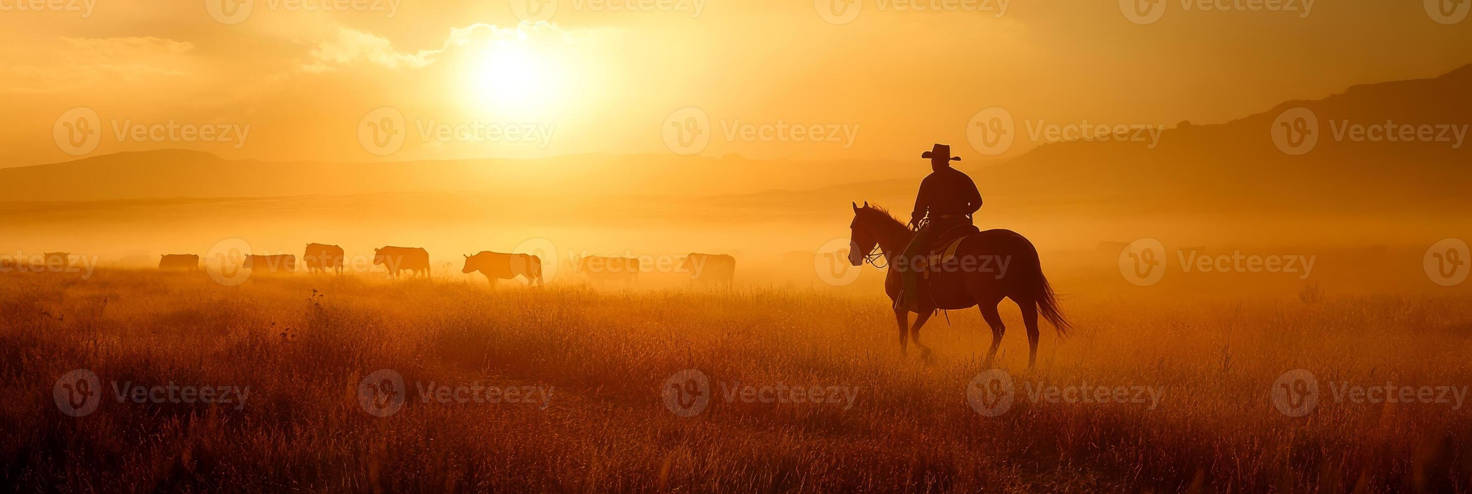 A skilled cowboy expertly guides a herd of cattle across a breathtaking, misty dawn landscape, vividly capturing the rich heritage and vibrant culture that defines the iconic American West photo