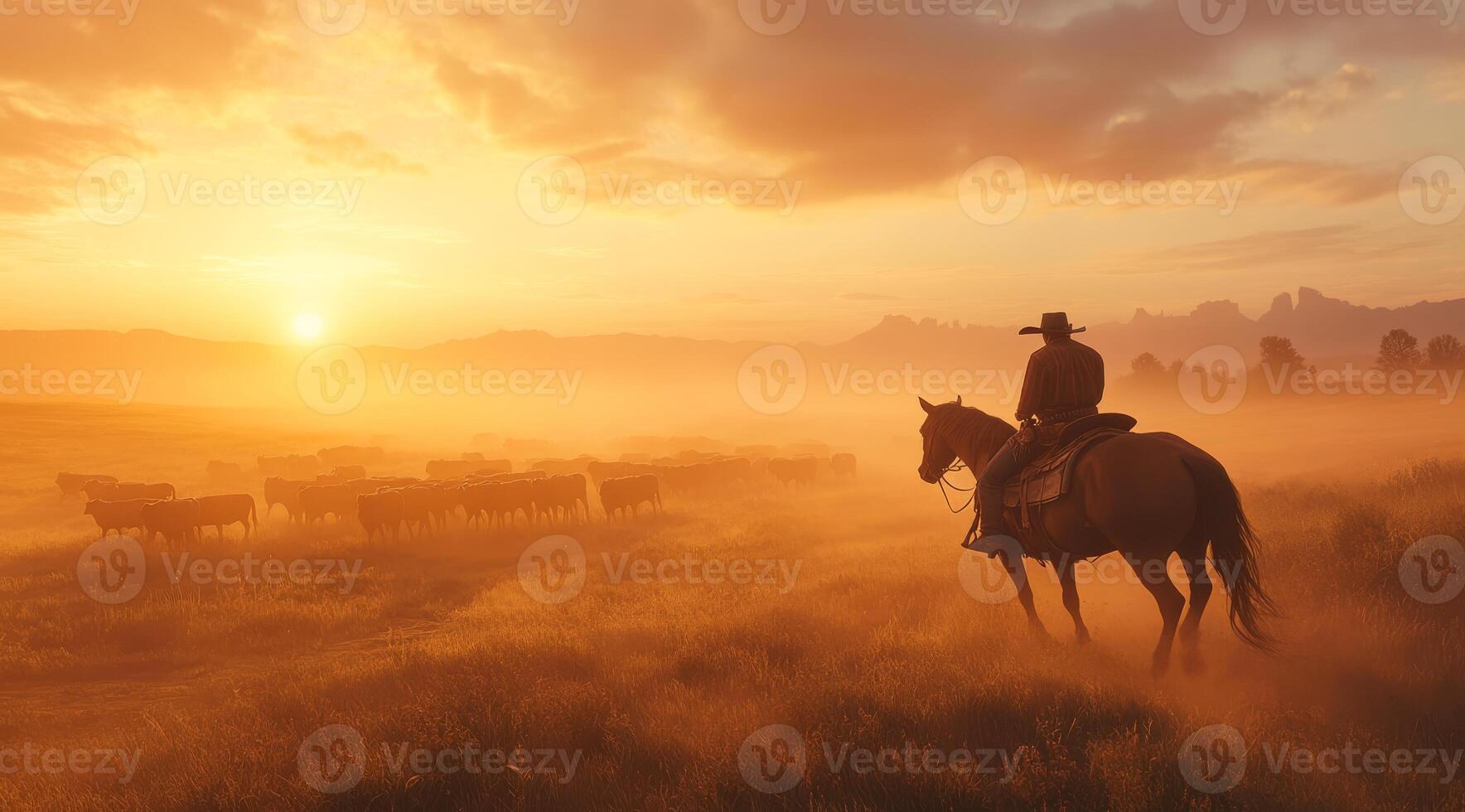 In the early morning light, a skilled cowboy rides his horse, expertly managing a herd of cattle across serene fields, embodying the spirit of the American West with each elegant movement photo