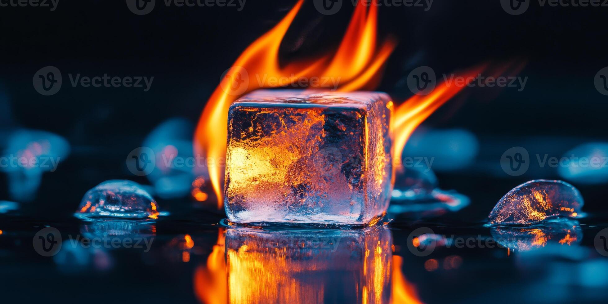 A strikingly captivating image showcases an ice cube completely engulfed in bright, vivid flames, vividly illustrating the dramatic and stunning contrast that exists between fire and ice photo