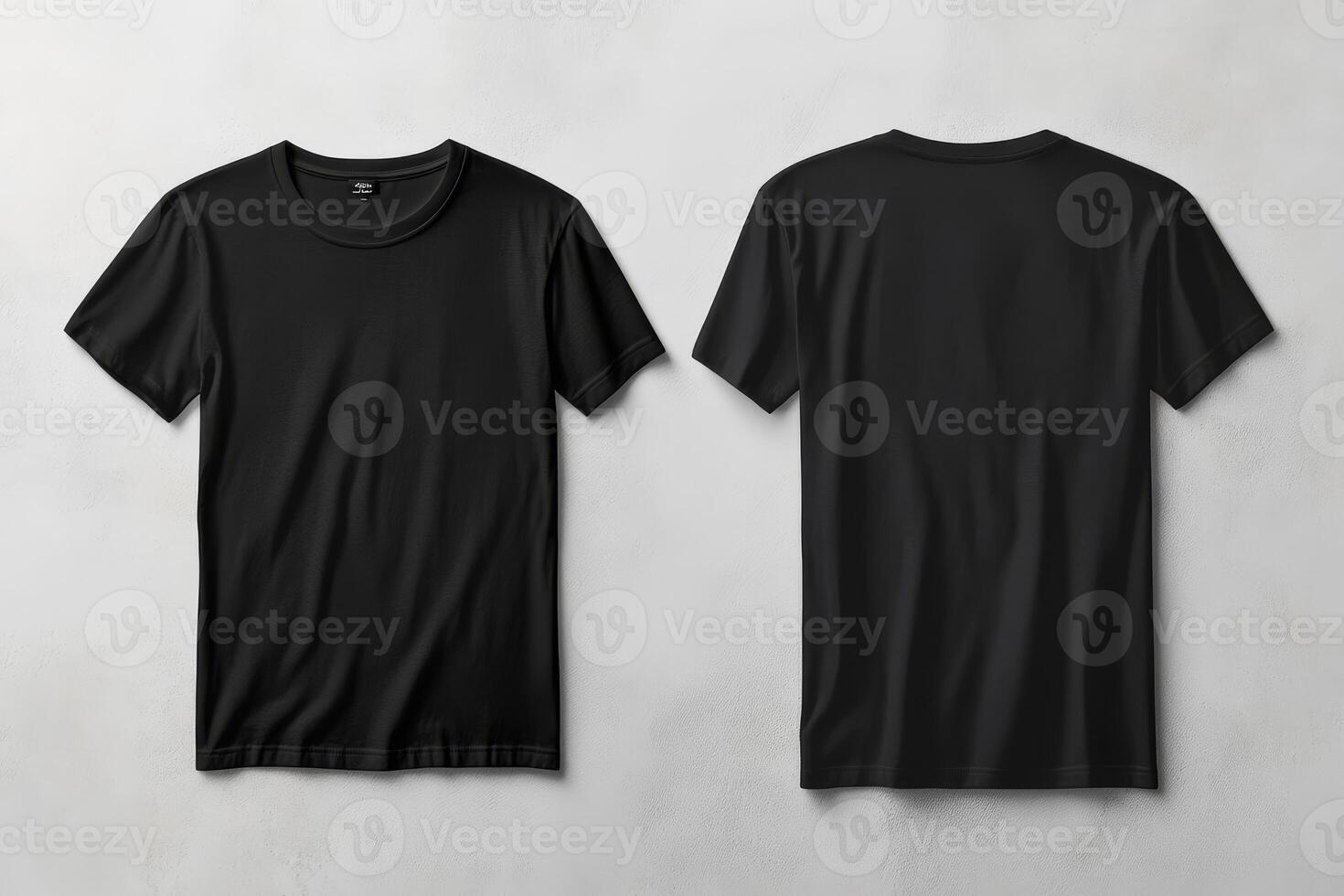 This stylish black blank tshirt mockup effectively showcases both the front and back views against a clean white wall backdrop, making it ideal for design presentations and apparel branding purposes photo