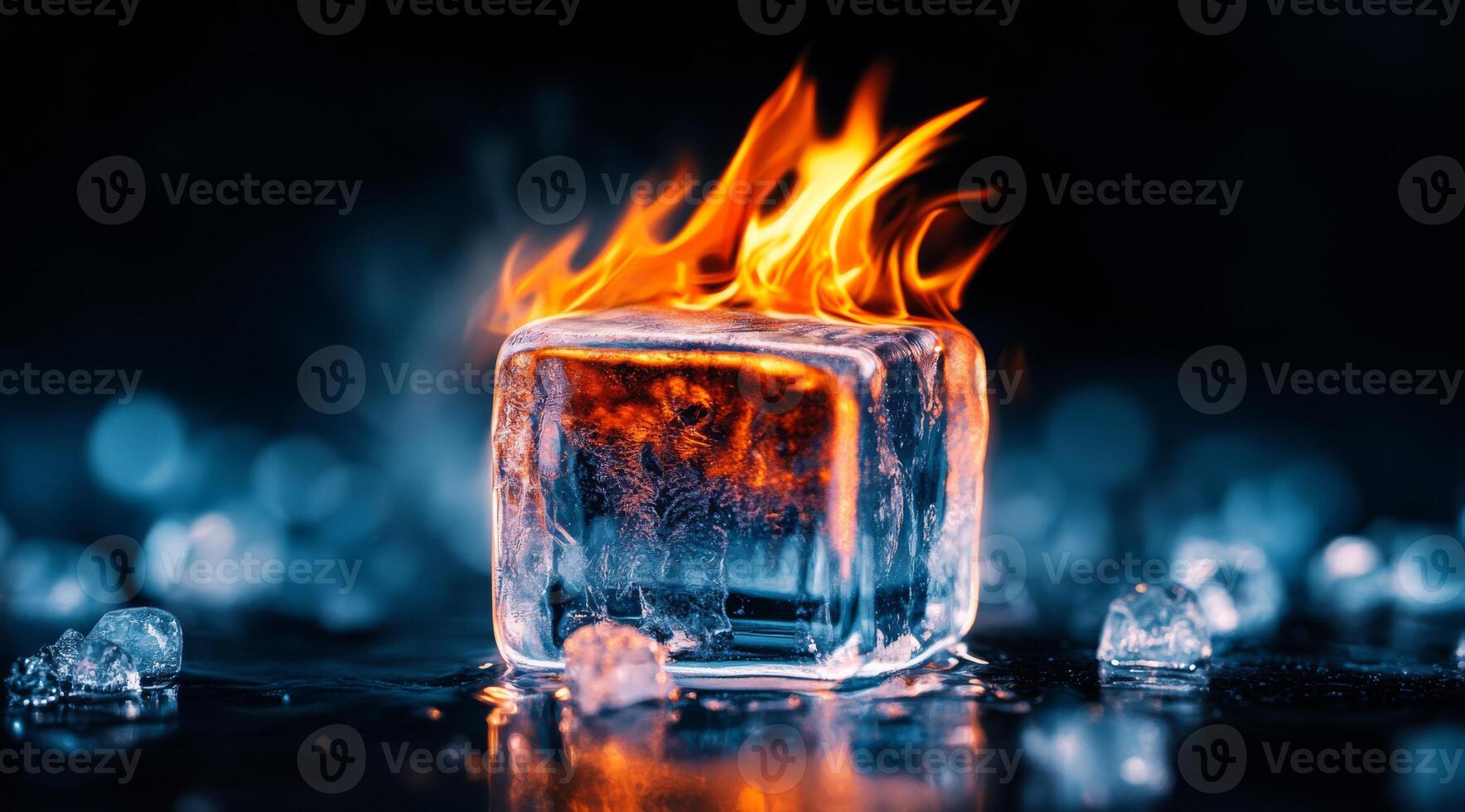 An extraordinary ice cube appears to be on fire amidst steam, showcasing the contrast between fire and ice, symbolizing natures duality and invoking thoughts on balance and transformation photo