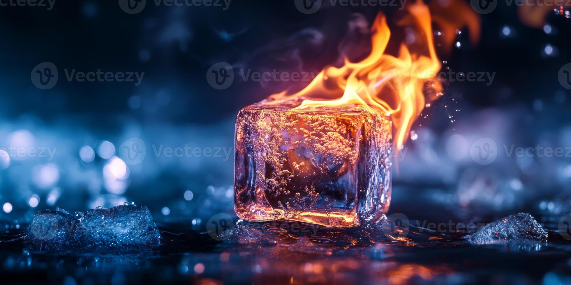 A breathtaking visual of a solitary ice cube completely engulfed in roaring flames, dramatically showcasing the striking contrast between the coolness and serenity of ice and the intense heat of fire photo