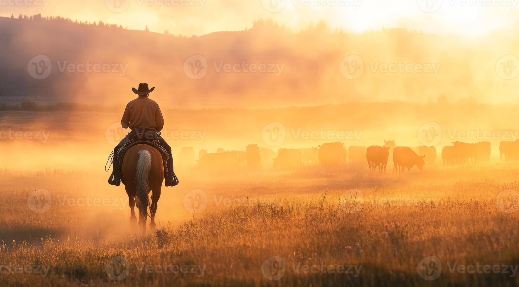 A skilled cowboy rides his strong horse, guiding a lively herd of cattle through misty fields at dawn, capturing the essence of ranch life and its rich traditions passed down through generations photo