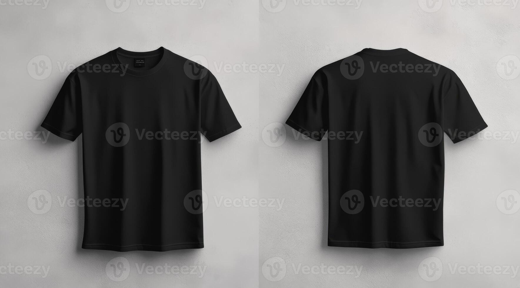 A black, blank tshirt mockup is elegantly displayed against a clean white wall, showcasing both the front and back views of the shirt. This is ideal for effectively showcasing designs photo