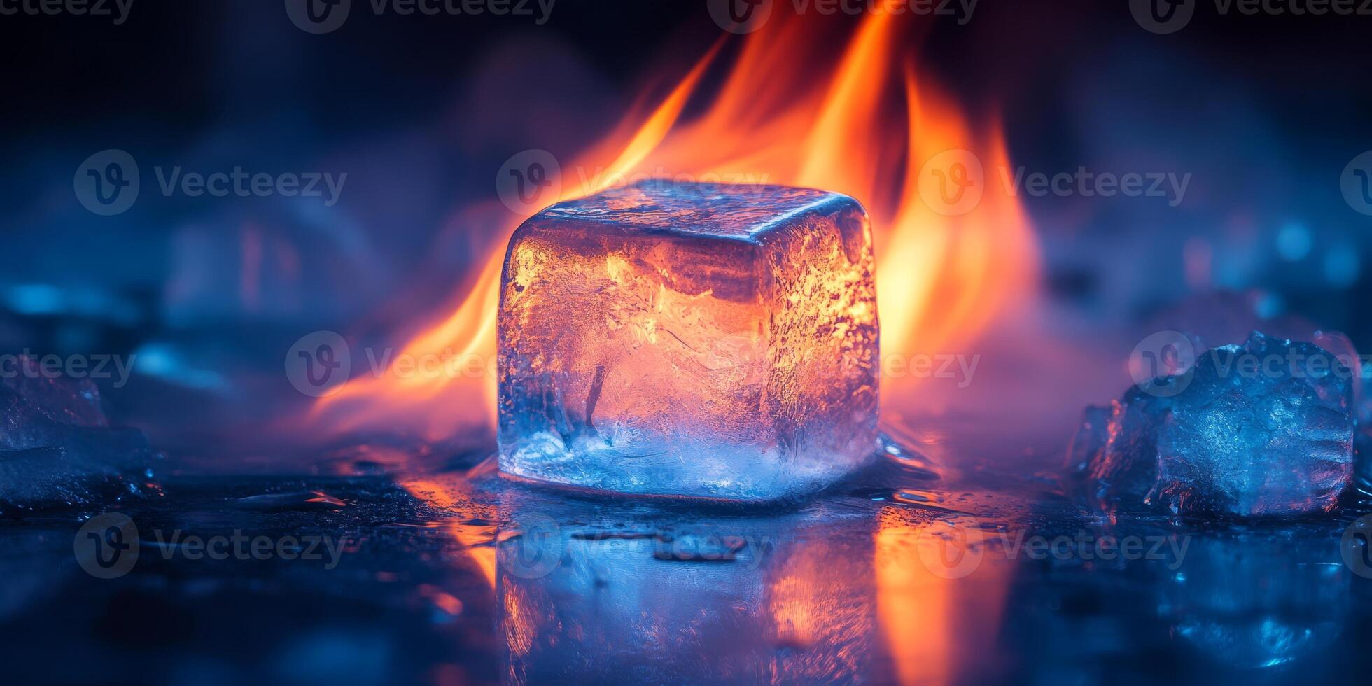 An ice cube in flames presents a captivating contrast of fire and ice, highlighting the beauty of these opposing forces and their intriguing relationship, reflecting natures dynamics photo