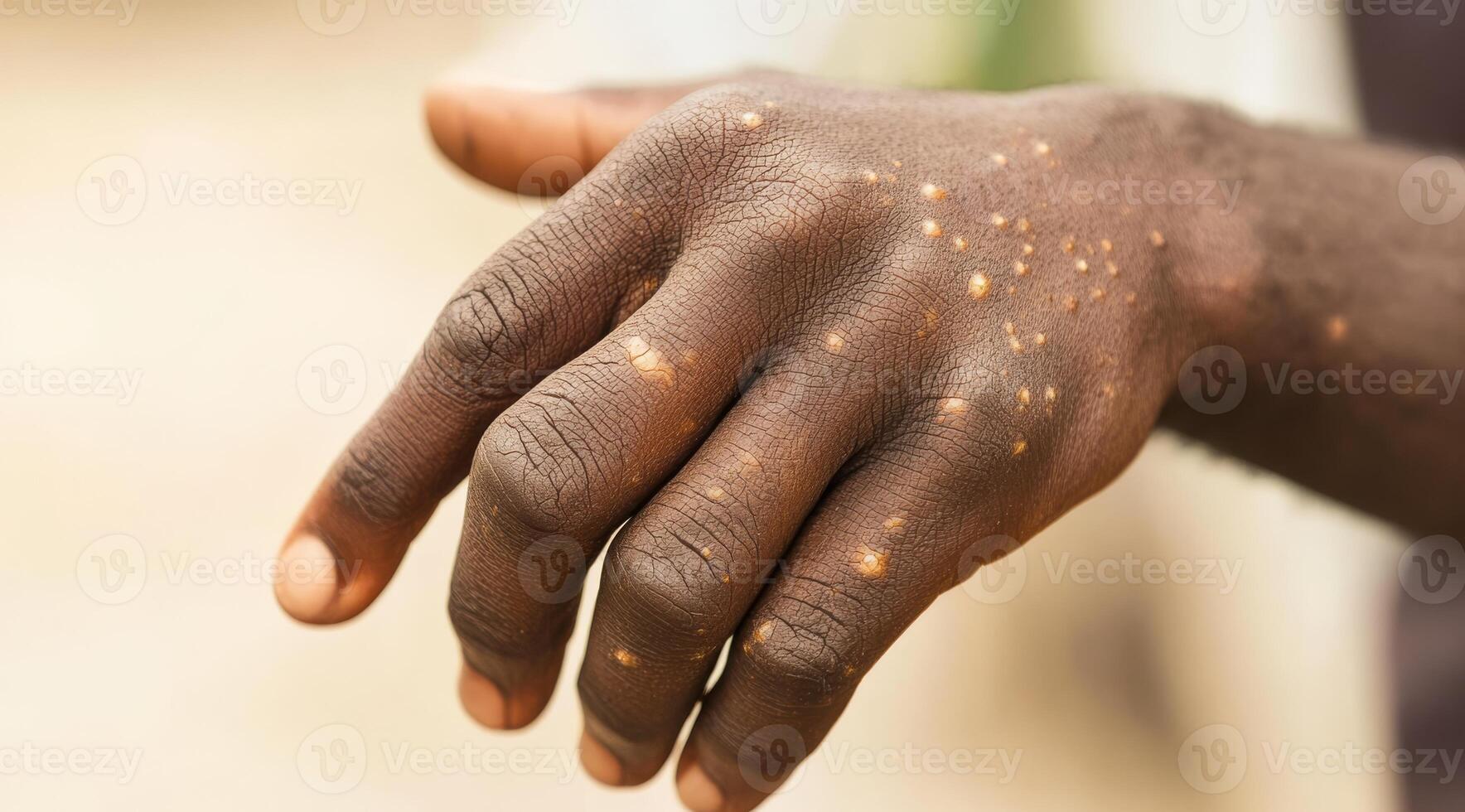 This image vividly illustrates the visible symptoms associated with monkeypox virus infection found on a persons hand, clearly showcasing the lesions that are typical of this particular disease photo