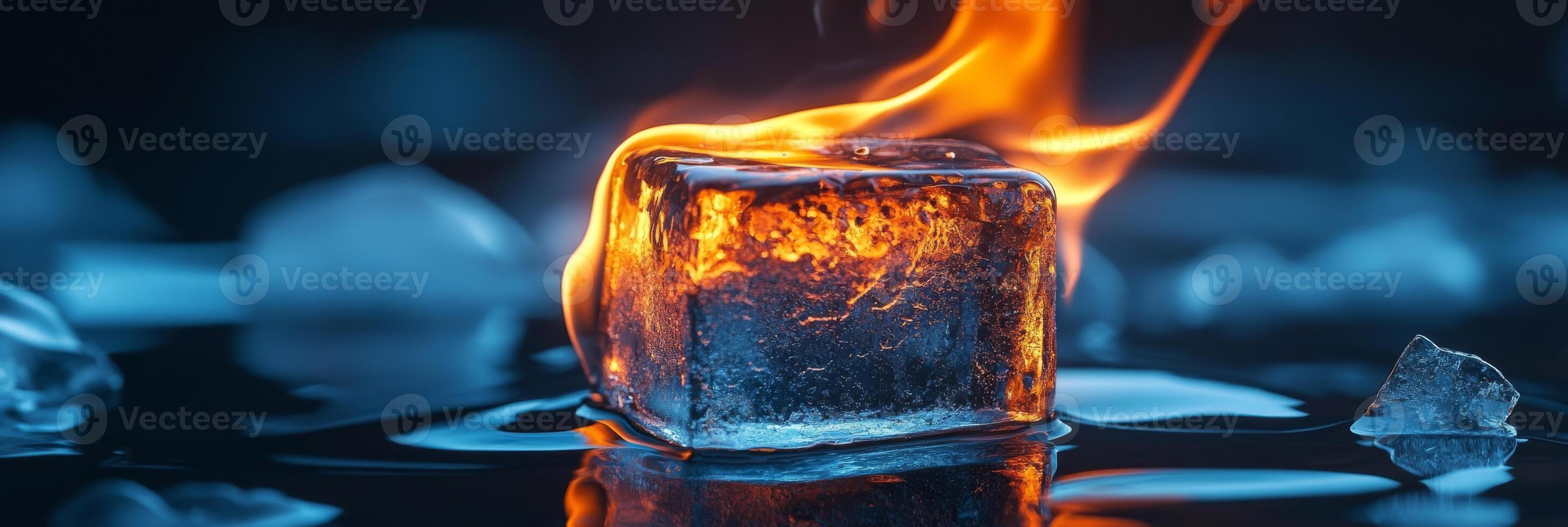 An ice cube amidst flames highlights the striking contrast between fire and ice, creating a captivating scene that emphasizes the relationship between opposing elements and engages our senses photo
