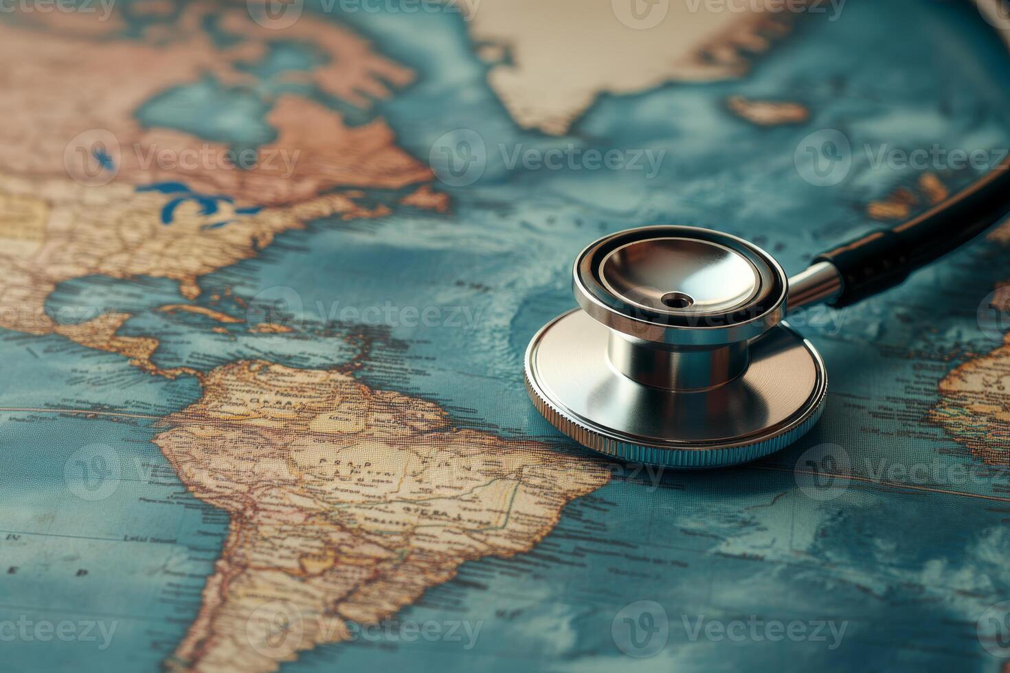 A stethoscope rests prominently on a detailed world map, vividly symbolizing the profound interconnectedness of global health care systems and the ongoing emphasis on health and wellness worldwide photo