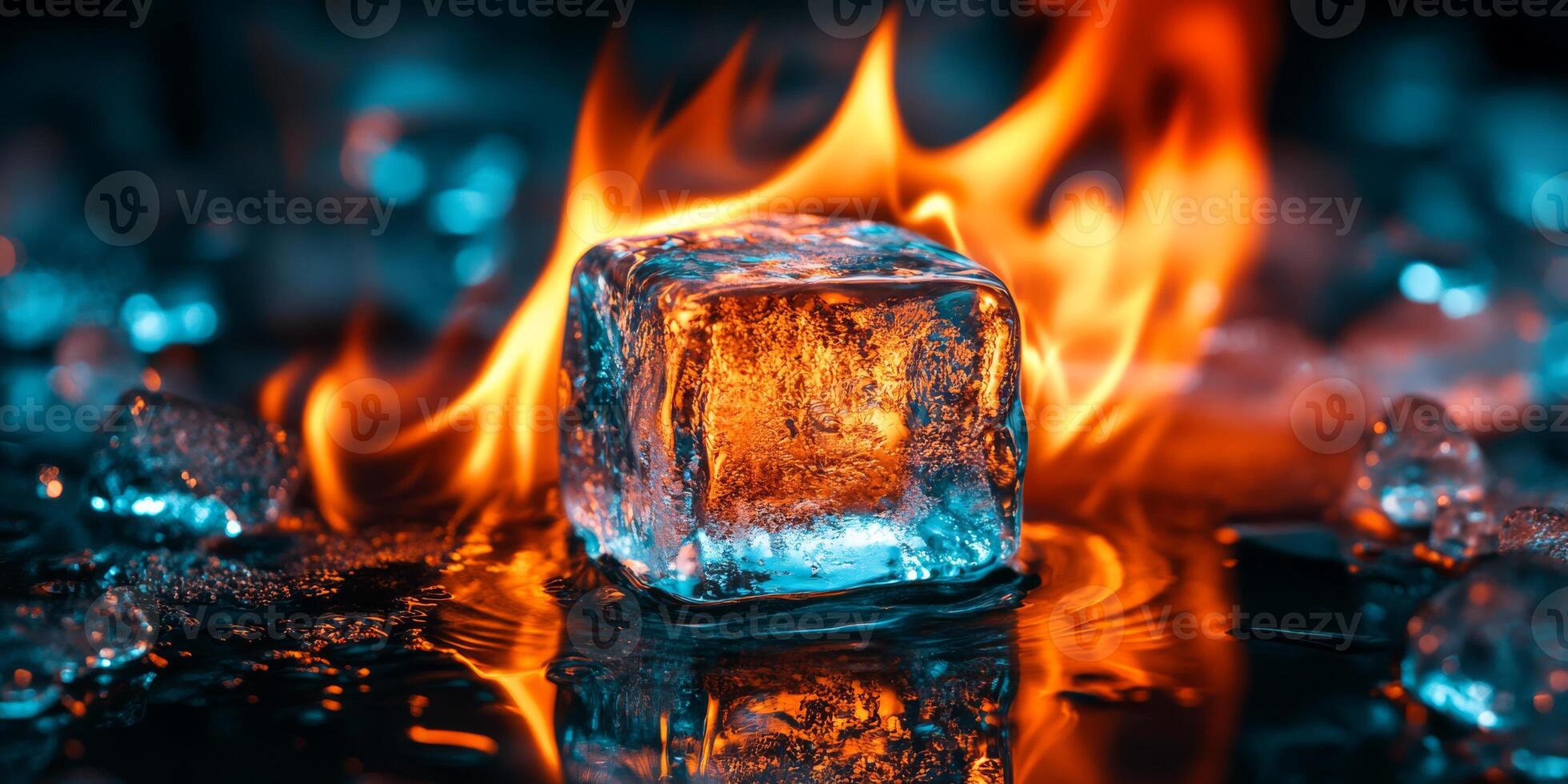 This striking image features an ice cube in flames, showcasing the stark contrast between fires heat and ices cold, captivating viewers with its stunning visuals and themes of transformation photo