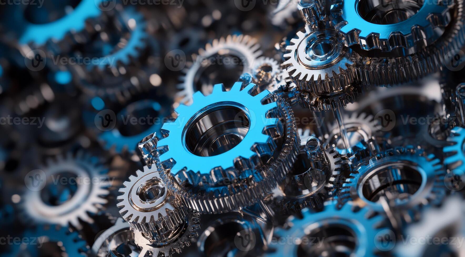This captivating closeup photograph showcases intricate blue metal gears, reflecting the significance of teamwork and cooperation in advanced machinery and symbolizing engineering excellence photo