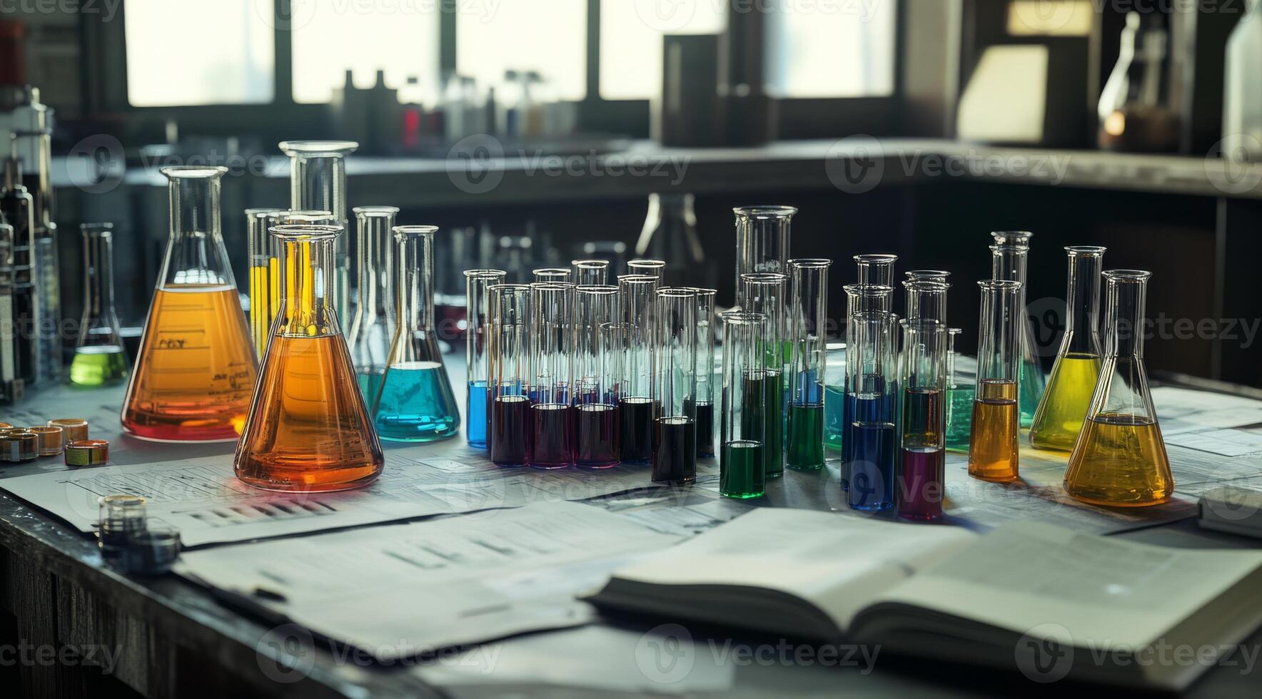 The laboratory table is covered with vibrant chemical solutions in glass containers, creating a lively atmosphere essential for thorough scientific exploration and experimentation photo