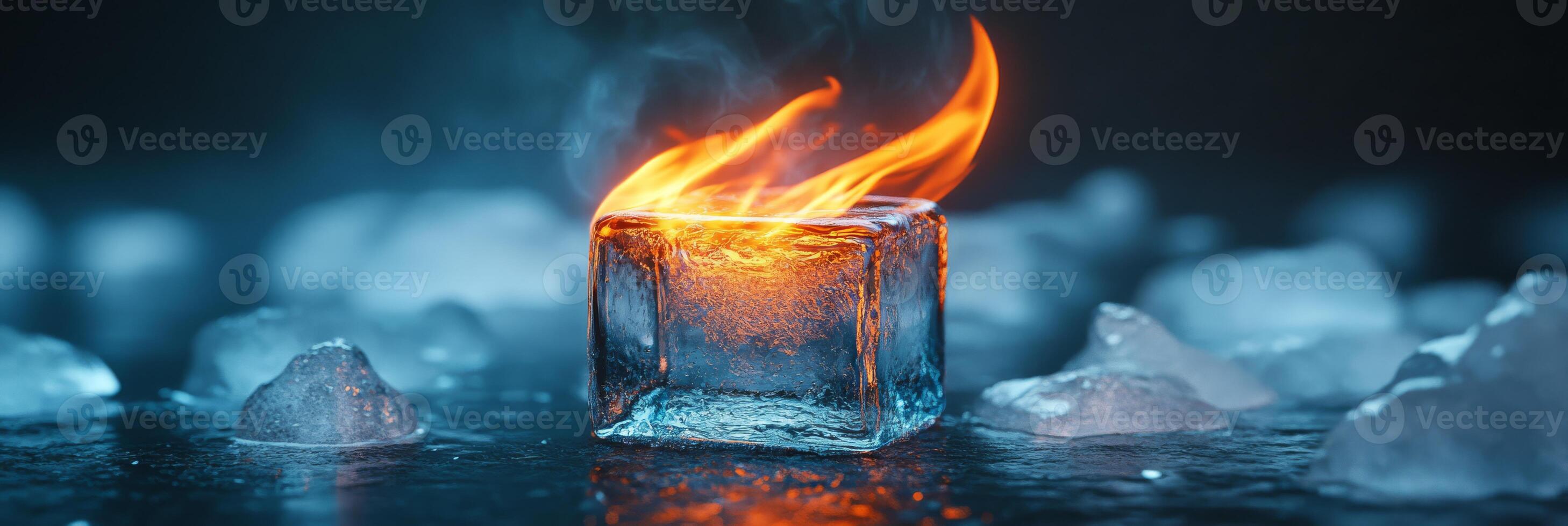 A mesmerizing ice cube surrounded by bright, flickering flames, showcasing the vivid and striking contrast between the elements of fire and ice in a truly stunning and captivating visual display photo