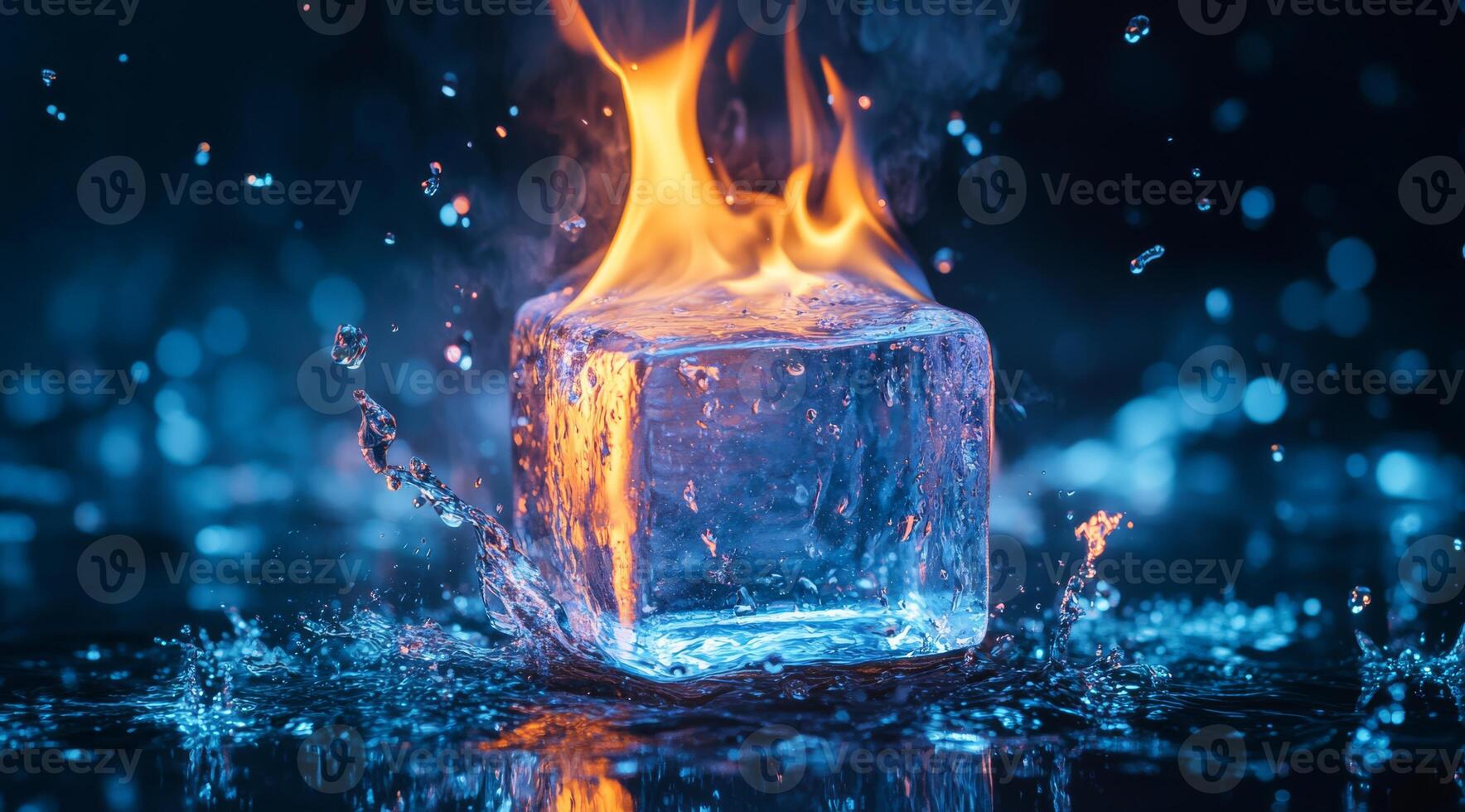An artistic and imaginative portrayal of an ice cube engulfed in flames, beautifully showcasing the striking contrast between fire and ice, all amidst dazzling and dynamic water splashes around it photo