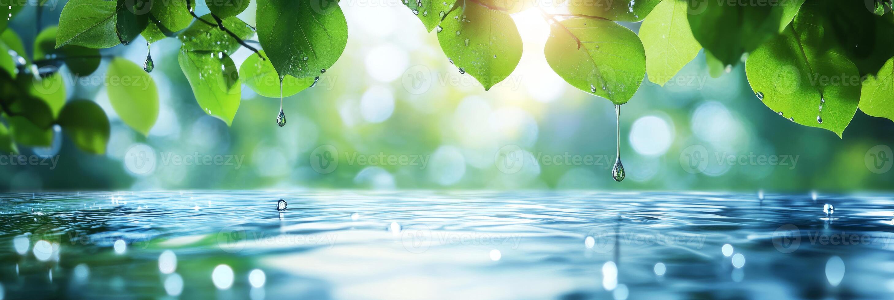 Imagine a serene scene with vibrant green leaves floating above tranquil water, enhanced by soft natural lighting and a blurred background, creating an ideal spot for nature lovers to unwind photo