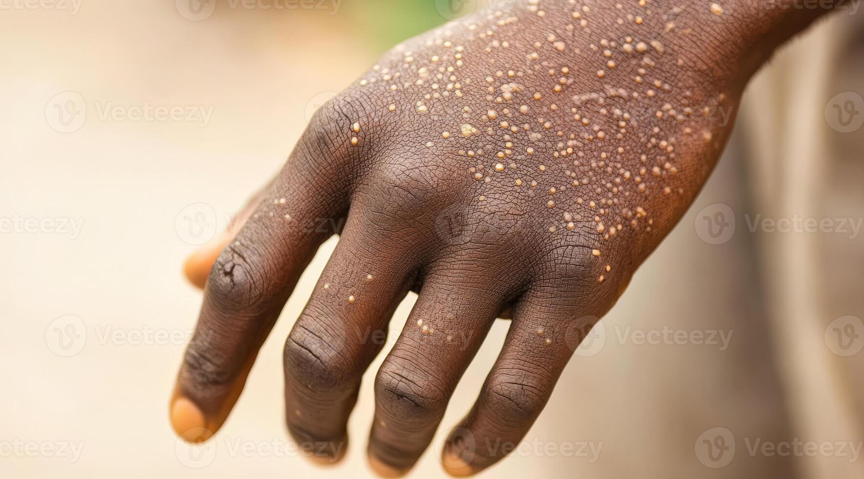 This particular image clearly illustrates the skin lesions and rashes that are typical of a monkeypox virus infection presenting on a persons hand, emphasizing the visual signs of the disease photo