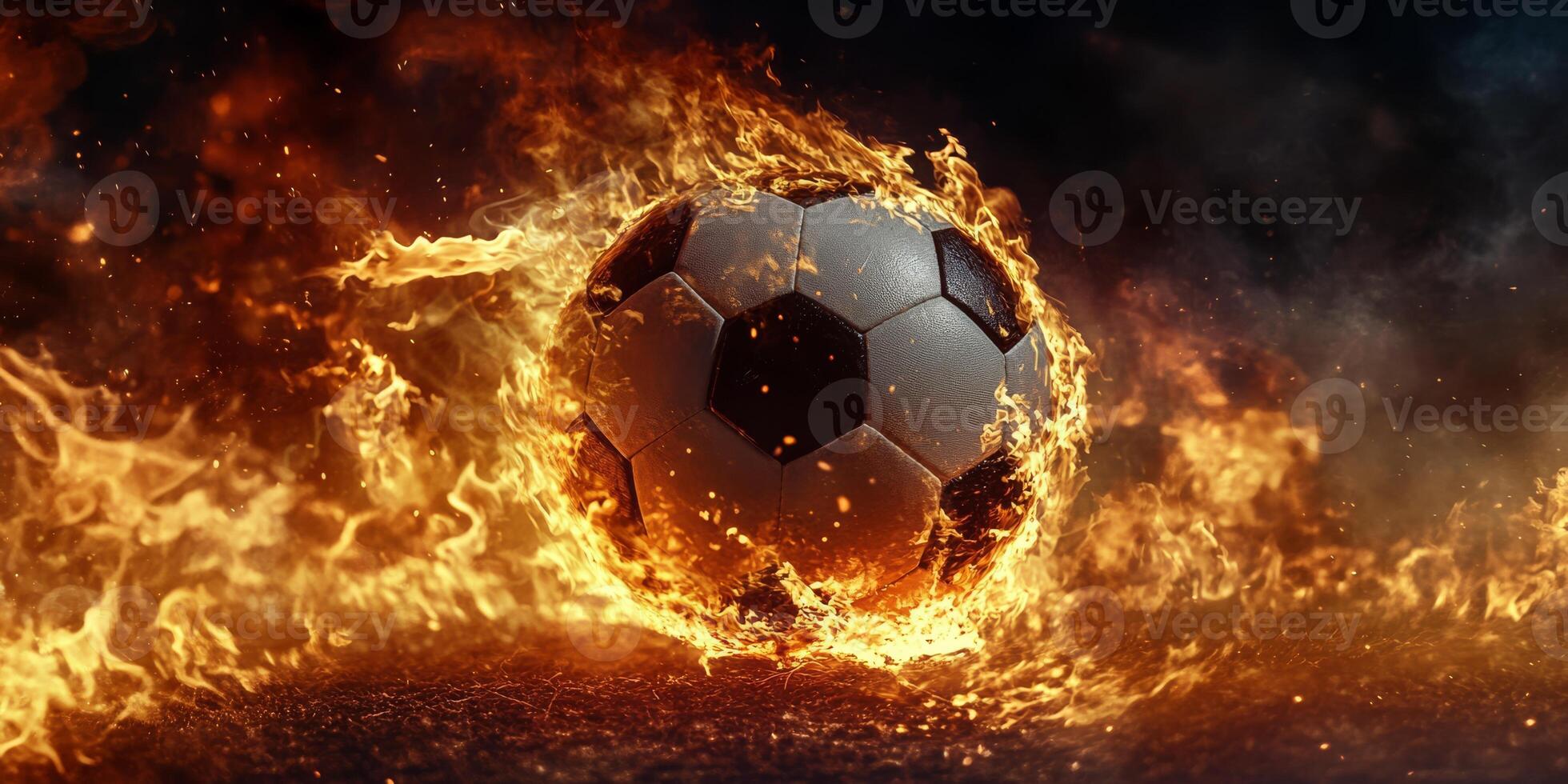 A dynamic soccer ball surrounded by roaring flames, vividly capturing the intense and thrilling action of the game photo