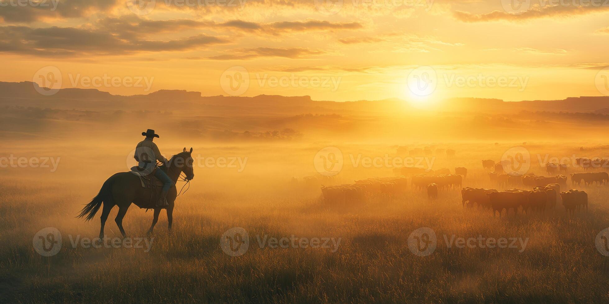 A skilled cowboy expertly rides his majestic horse, skillfully guiding a robust cattle herd across a vast, lush green field at sunrise, surrounded by gentle mist in a breathtaking backdrop of nature photo