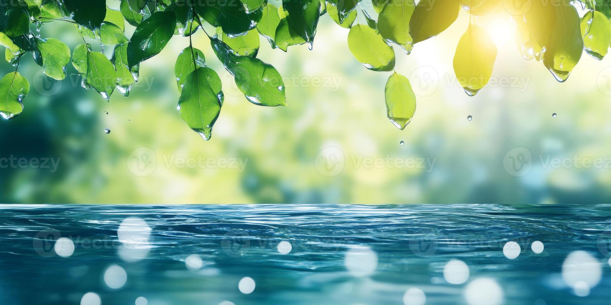 A beautifully serene view showcases vibrant green leaves gently swaying above a glistening body of water, all set against a softly blurred backdrop that evokes a deep sense of peace and tranquility photo