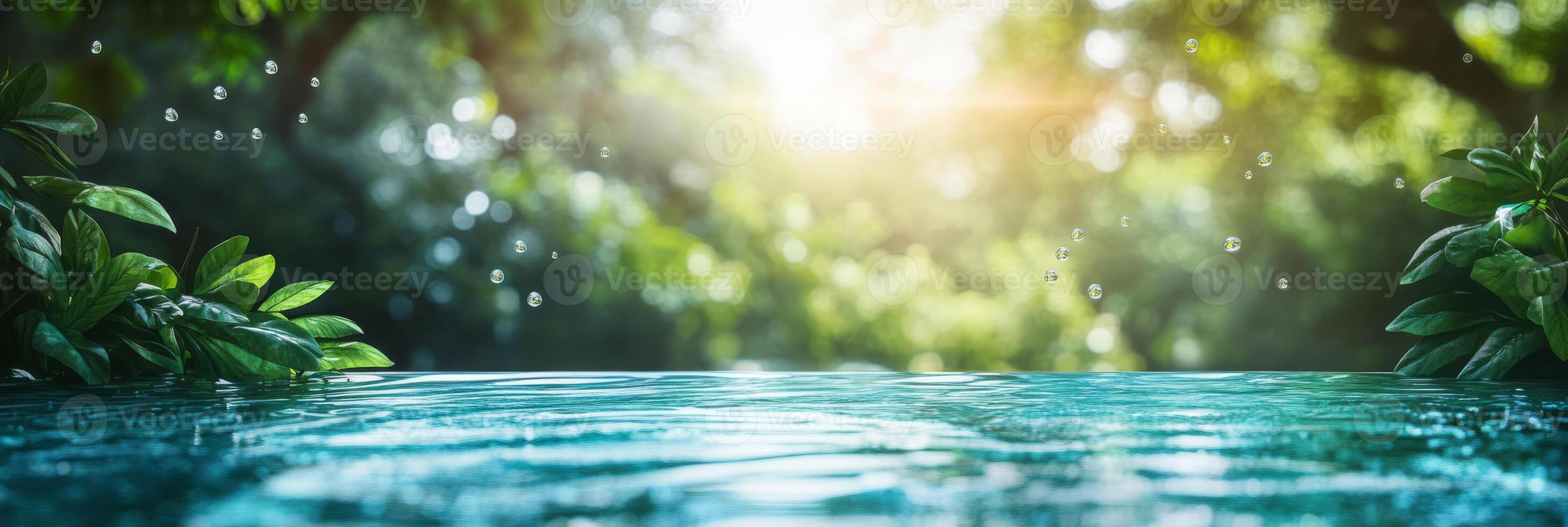 A beautifully tranquil scene that features clear and sparkling water surrounded by a variety of vibrant plants, all set against a softly blurred natural background that is filled with warm sunlight photo