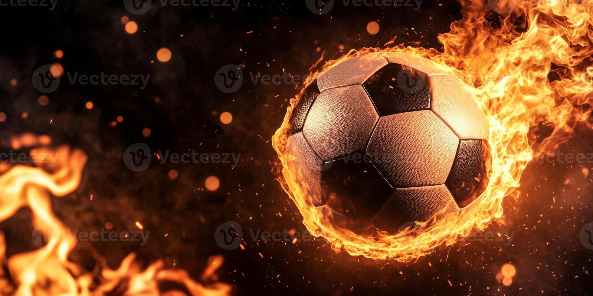 A dynamic soccer ball, engulfed in vibrant flames, symbolizes incredible speed and excitement found in sports photo