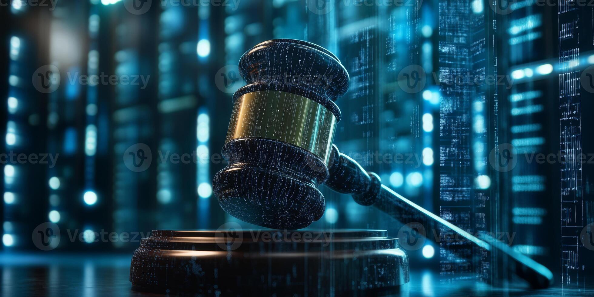 In a busy data center with many servers, a judicial gavel symbolizes the essential link between law and the rapid advancement of artificial intelligence in todays digital landscape photo