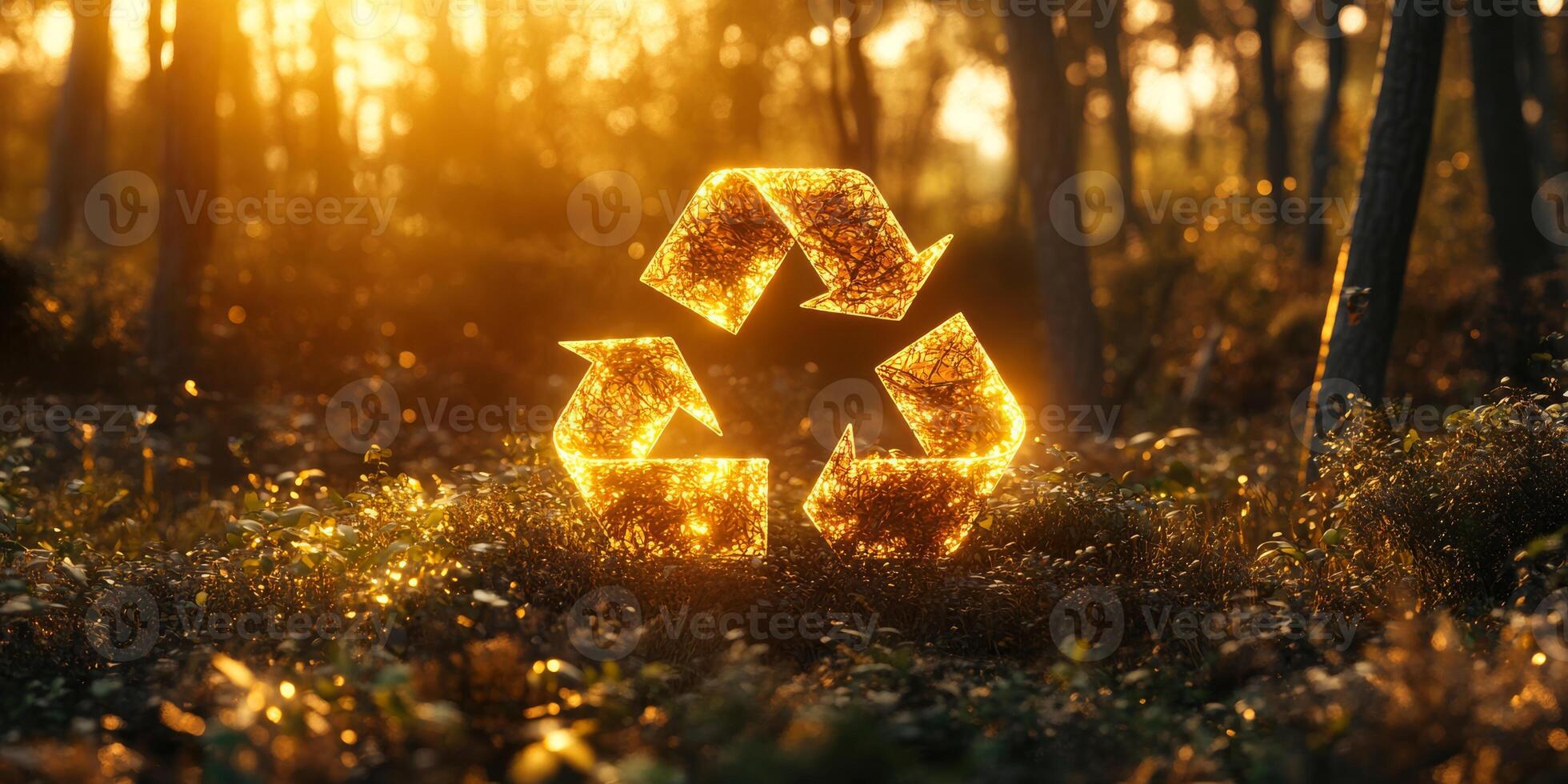 A glowing circular economy icon shines in a lush forest, symbolizing the vital need for reusing and recycling renewable resources to promote environmental sustainability and awareness photo