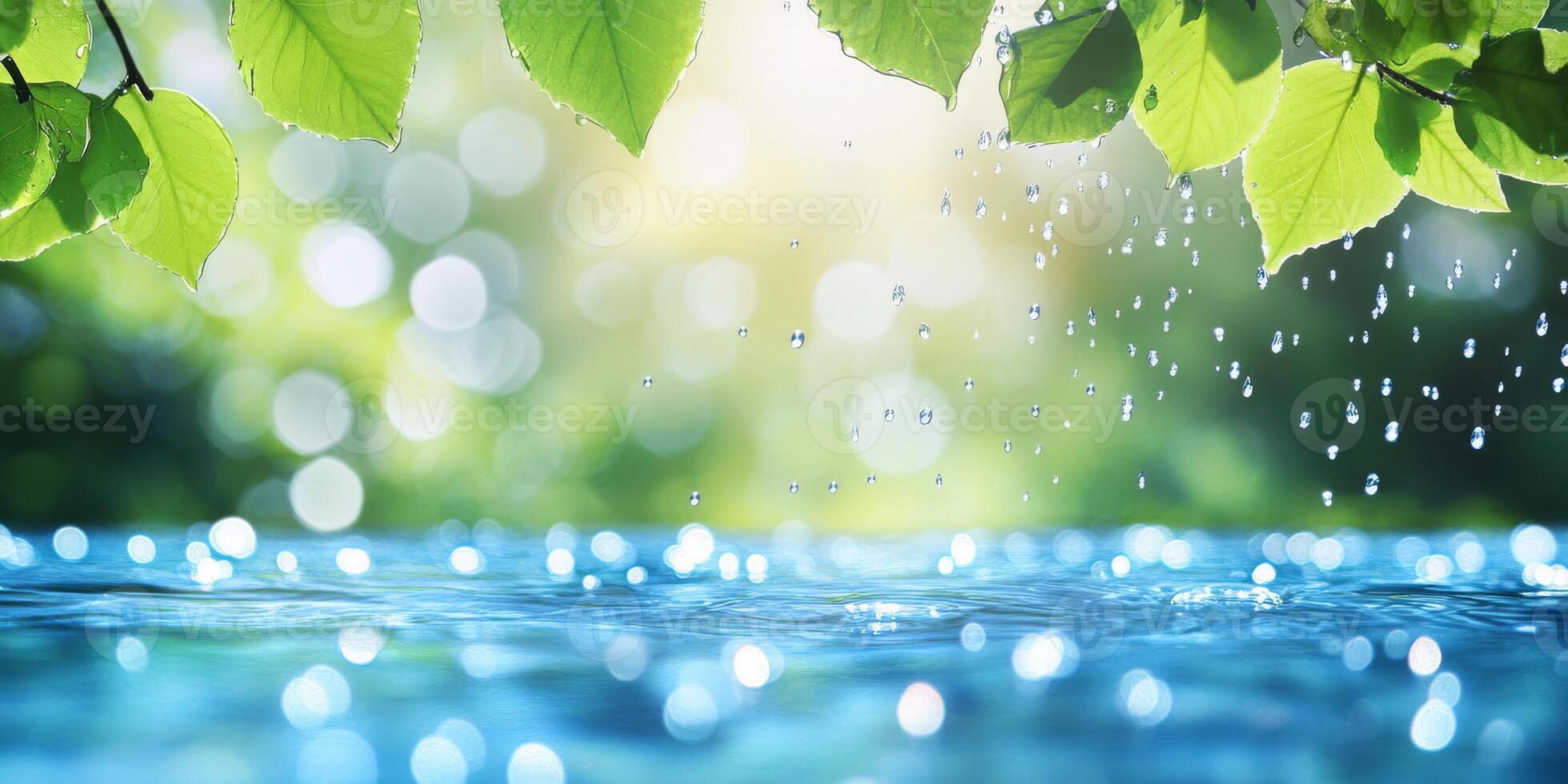 The image showcases lush green leaves with glistening water droplets on a tranquil water surface, set against a softly blurred, vibrant natural background, embodying peace and harmony in nature photo