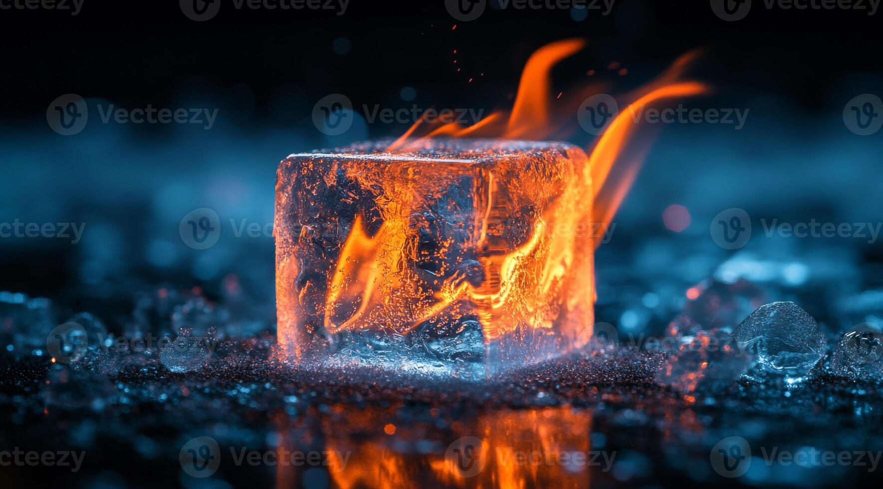 An ice cube surrounded by flickering flames creates a stunning contrast between the elements of fire and ice, resulting in a visually captivating display that grabs attention and inspires wonder photo