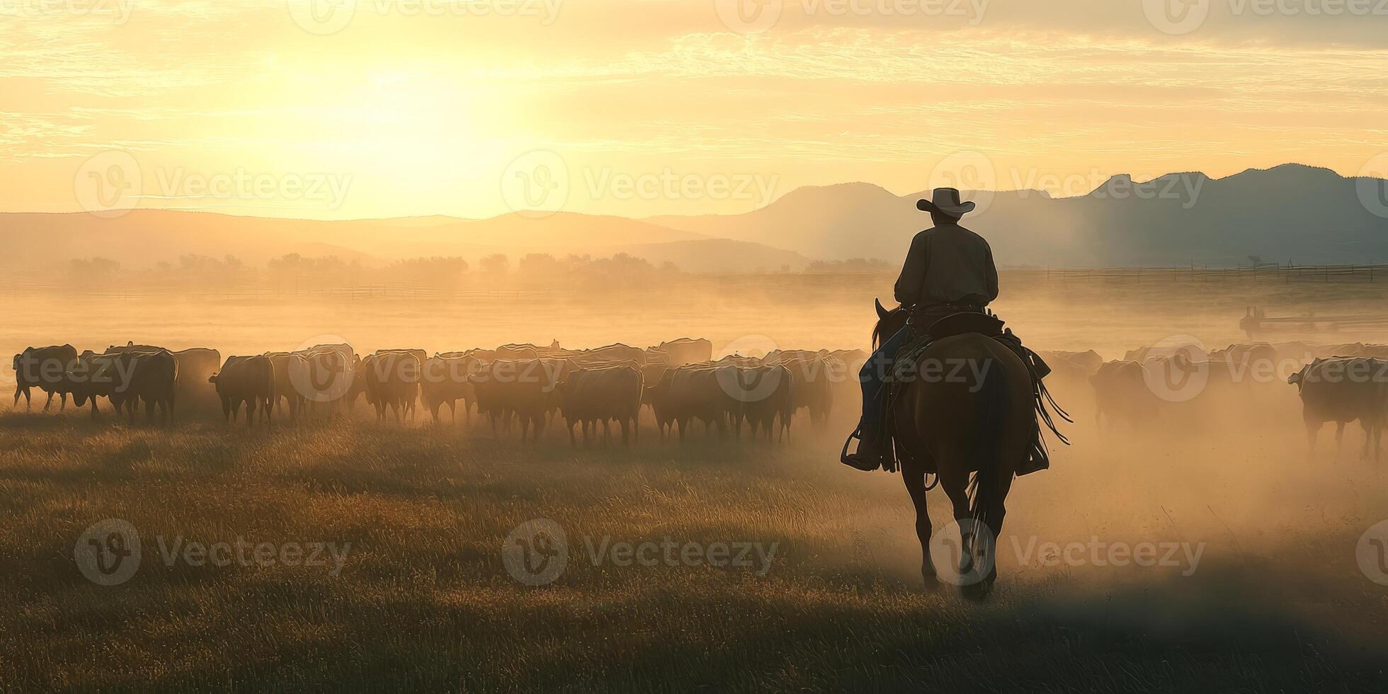 A skilled cowboy on horseback expertly guides a herd of cattle through a scenic sunset landscape, surrounded by soft mist and majestic mountains, creating a picturesque atmosphere photo