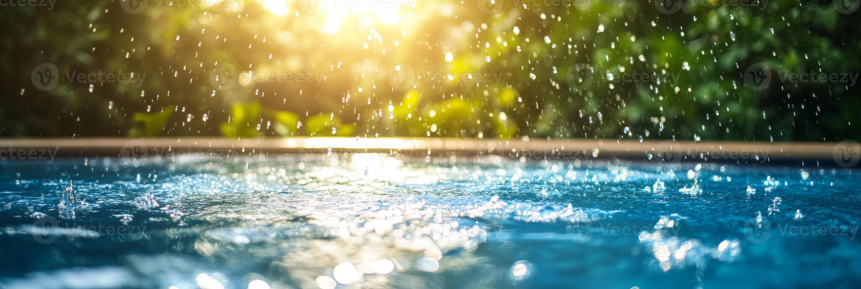 A tranquil scene featuring shimmering water droplets and vibrant plants, illuminated by soft sunlight. Natures beauty captured in a peaceful moment photo