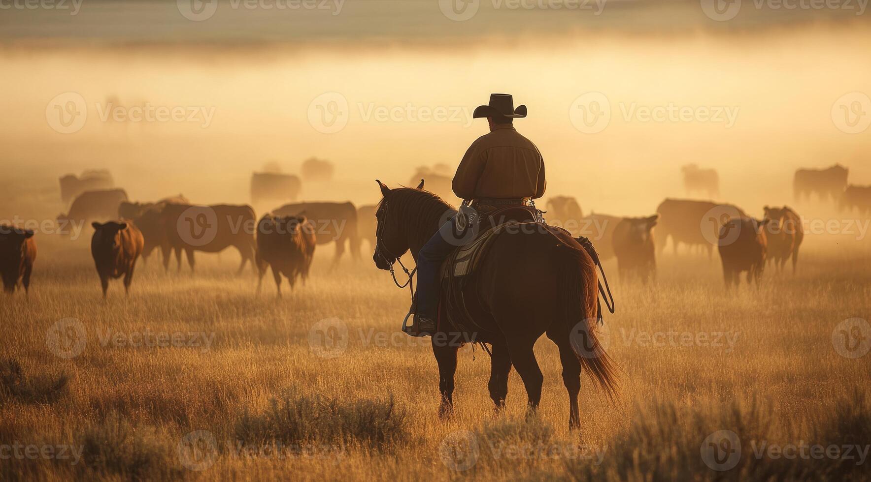 A skilled cowboy on horseback expertly navigates a moving herd of cattle across the picturesque misty fields at sunrise, beautifully illustrating the enchanting and hardworking life of ranch life photo
