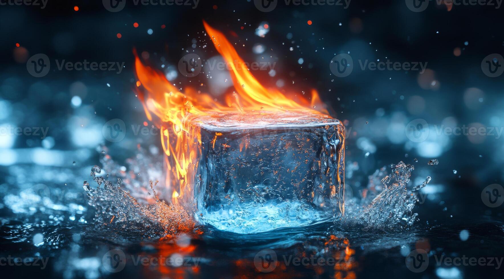 An ice cube that is calmly floating in a pool of water, while simultaneously being engulfed in vibrant and mesmerizing flames, showcasing the dramatic contrasting elements of fire and ice photo