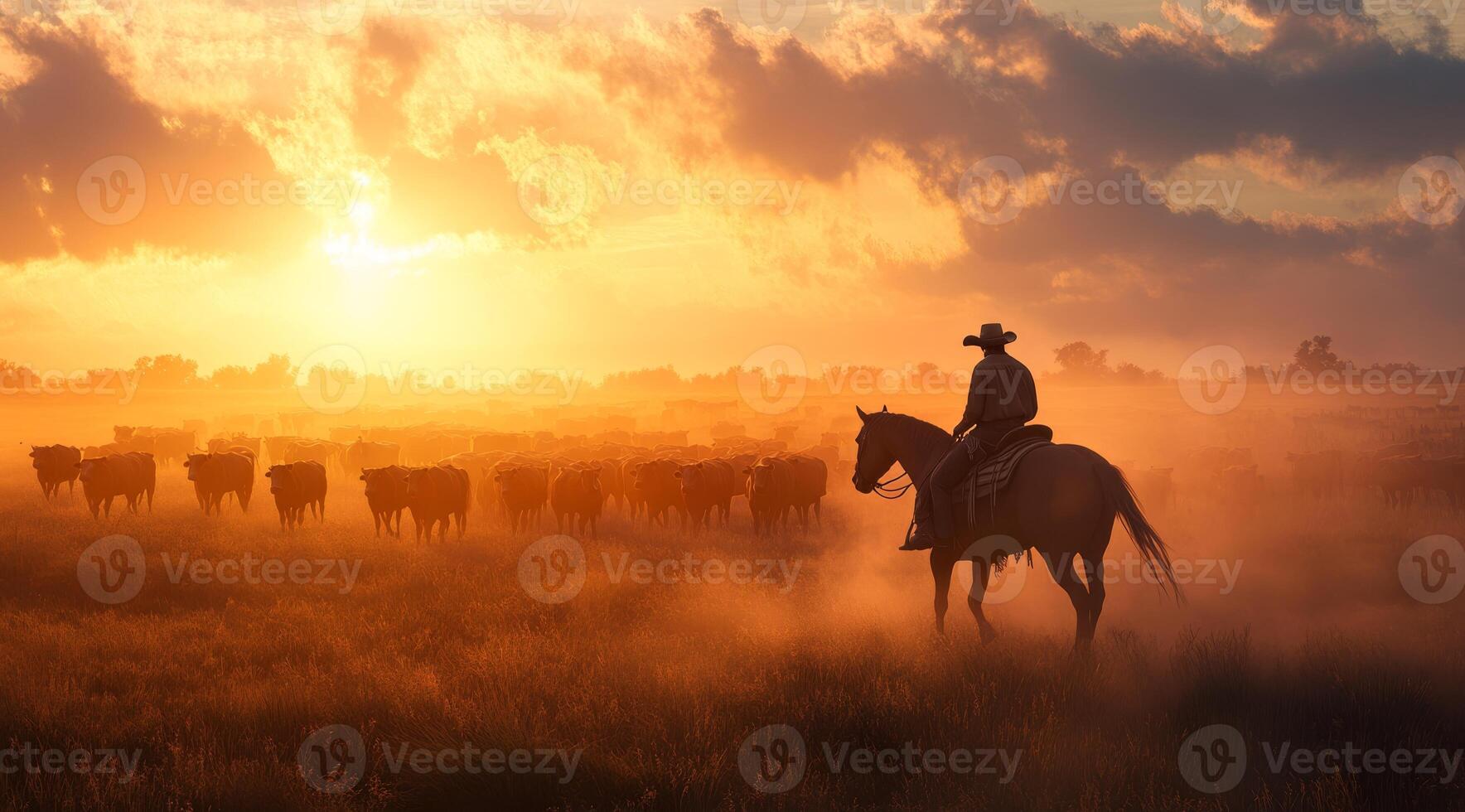 A skilled cowboy, in traditional attire, expertly rides his horse to round up cattle as the sun sets, capturing the essence of life on the open range, full of adventure and natures rugged charm photo