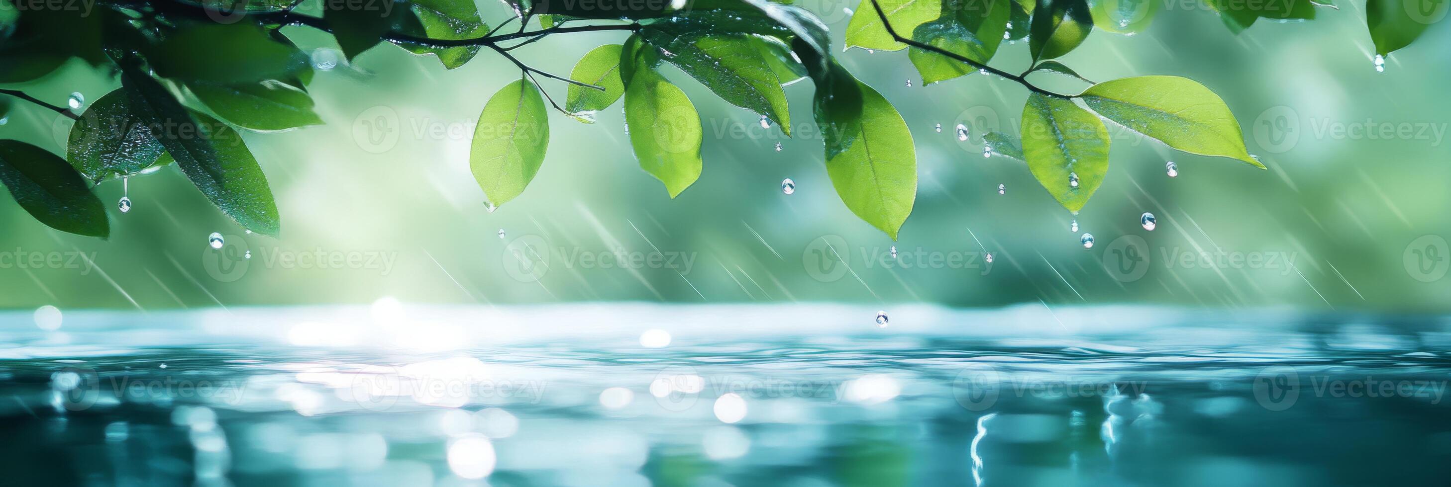 In this serene setting, vibrant green leaves sway above shimmering water, with a soft blurred background that enhances the peaceful atmosphere, inviting you to relax and reflect on natures beauty photo