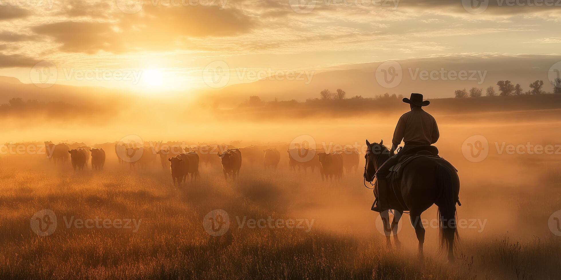A skilled cowboy on horseback skillfully guides a large herd of cattle at the break of dawn, surrounded by a misty, enchanting landscape and the warm, golden glow of the rising sun photo