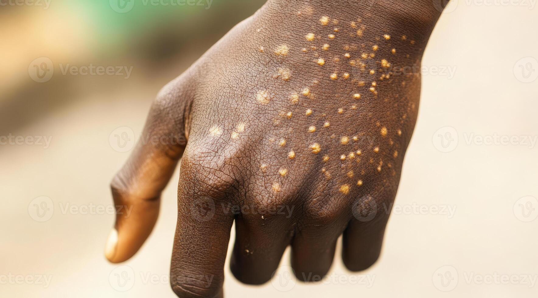 This is a visual illustration depicting a human hand exhibiting signs of monkeypox infection, characterized by a distinctive rash and unique spots that are indicative of the viral infection photo