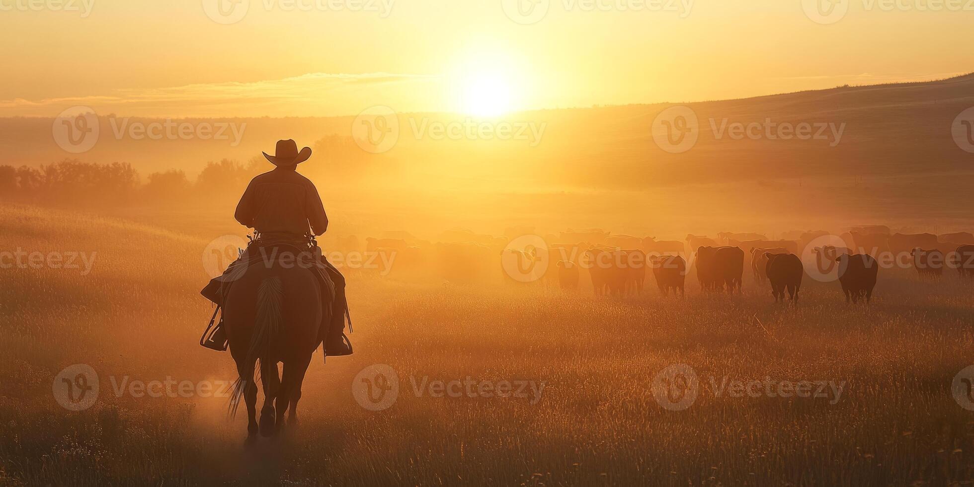 A skilled cowboy on horseback guides a herd of cattle across a vibrant sunset landscape, creating a serene rural scene filled with golden light that enhances the countrysides tranquility photo