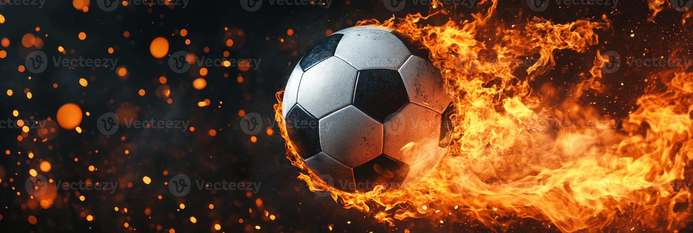 A vibrant and fiery soccer ball captured in midmotion, embodying the thrilling spirit of sports and excitement photo