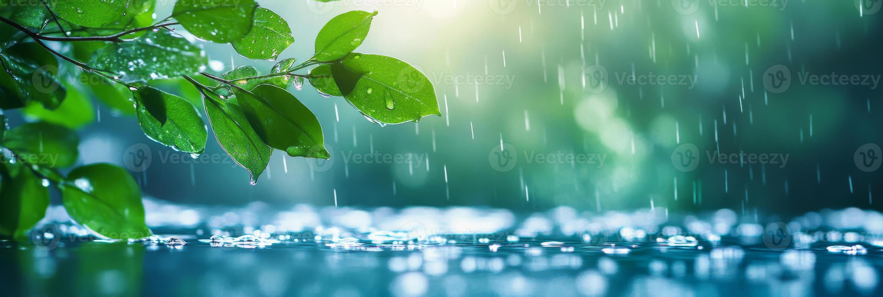 A serene scene with gentle rain falling on vibrant green leaves, creating a tranquil atmosphere filled with soothing sounds and beautifully blurred natural elements in the background photo