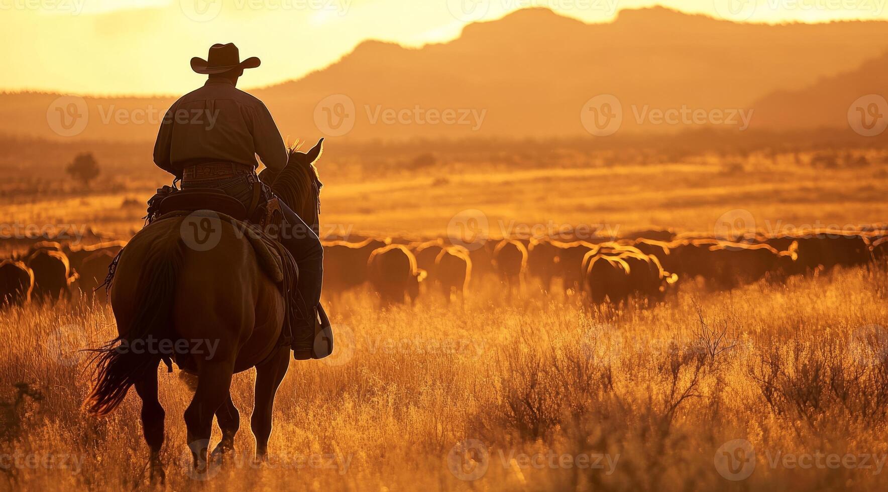 A cowboy on horseback skillfully guides a herd of cattle during a stunning sunset, embodying the spirit of the American West photo