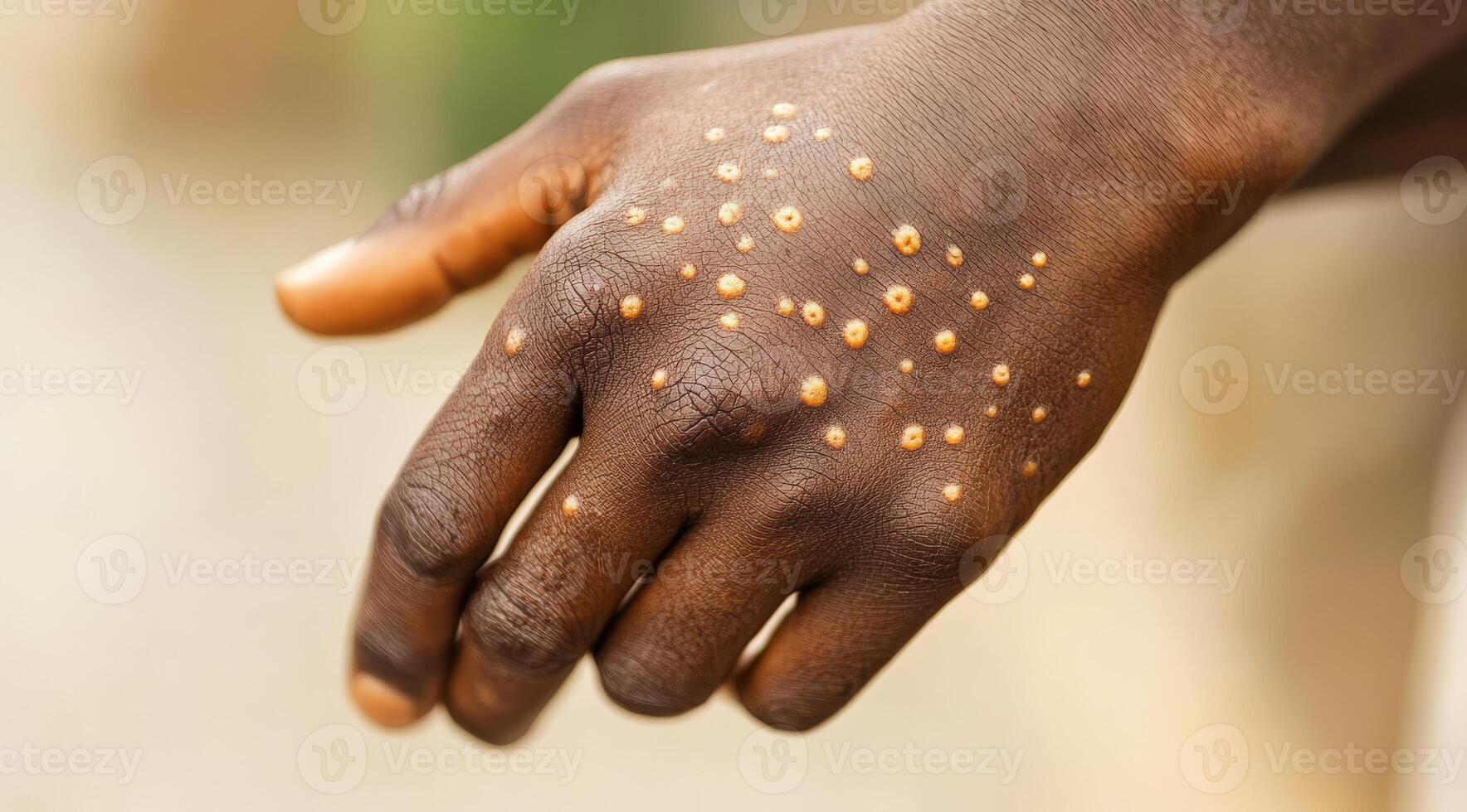An image showcasing the symptoms of monkeypox infection on a persons hand, featuring distinct lesions on dark skin photo