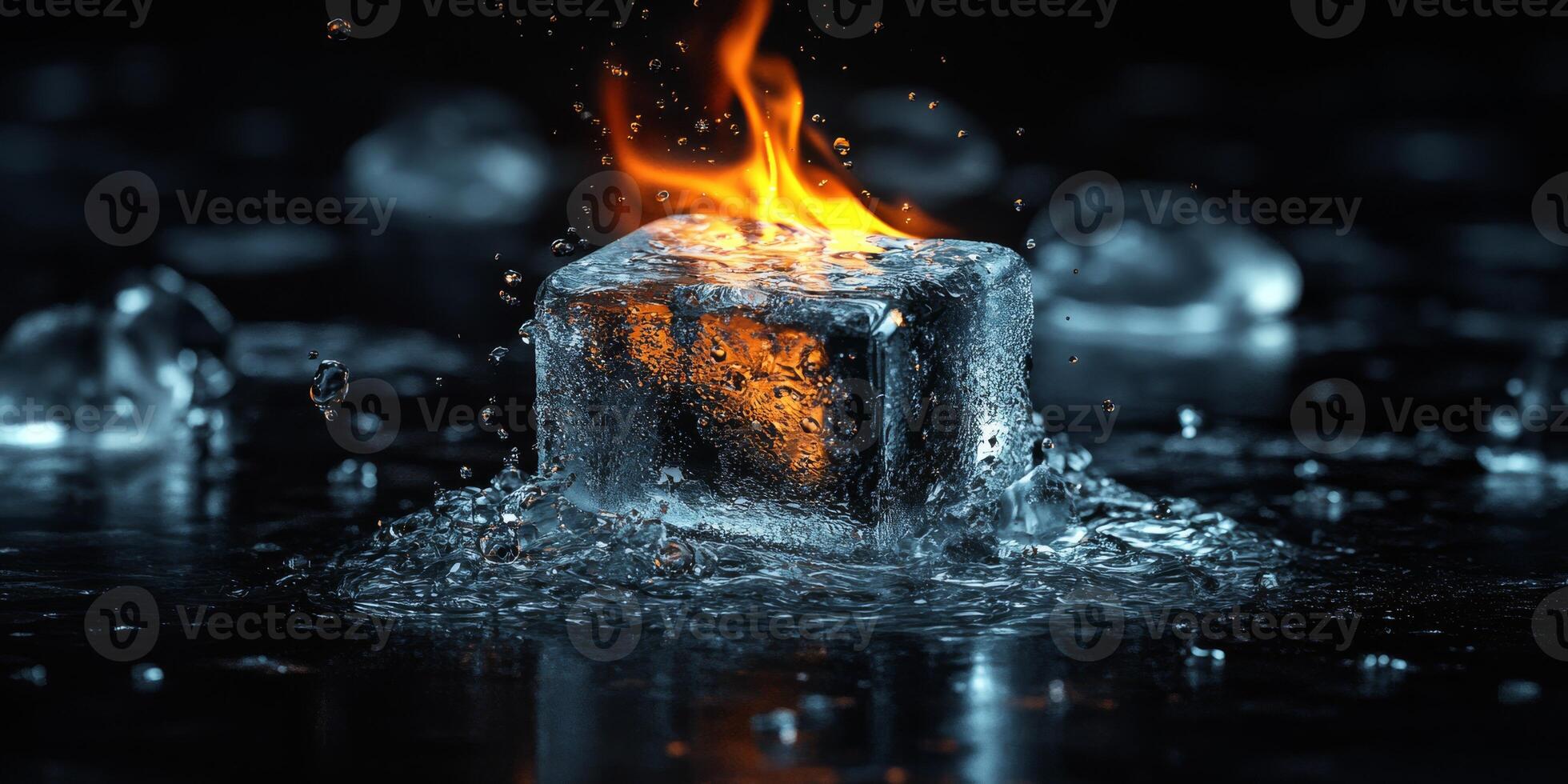 An ice cube engulfed in vibrant flames showcases the striking contrast between fire and ice, highlighting the captivating interactions of diverse elements and their remarkable effects photo