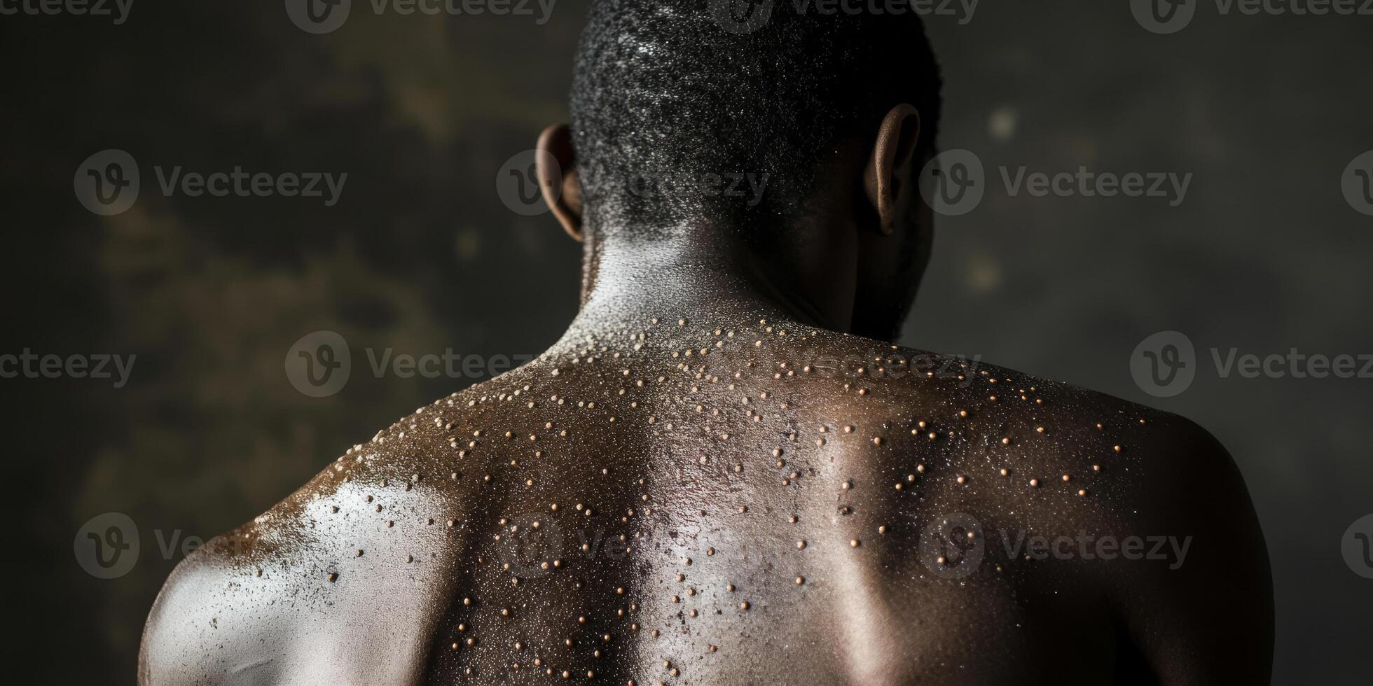 This is a highly detailed closeup shot that emphasizes a persons back, revealing visible and distinct monkeypox rash patterns, showcasing the texture and severity of the condition in question photo