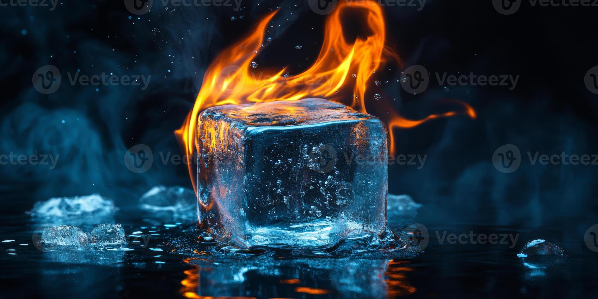 This stunning image features a solitary ice cube against vibrant flames, showcasing the dramatic contrast between fire and ice in a compelling visual display that captures viewers attention photo