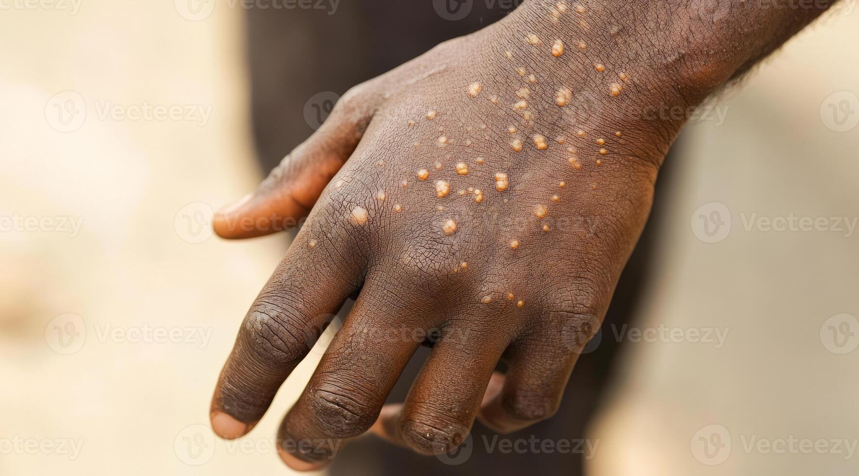 This image shows a monkeypoxinfected hand with spots and lesions, highlighting the need to understand viral diseases and their effects on public health, prevention, and personal care photo