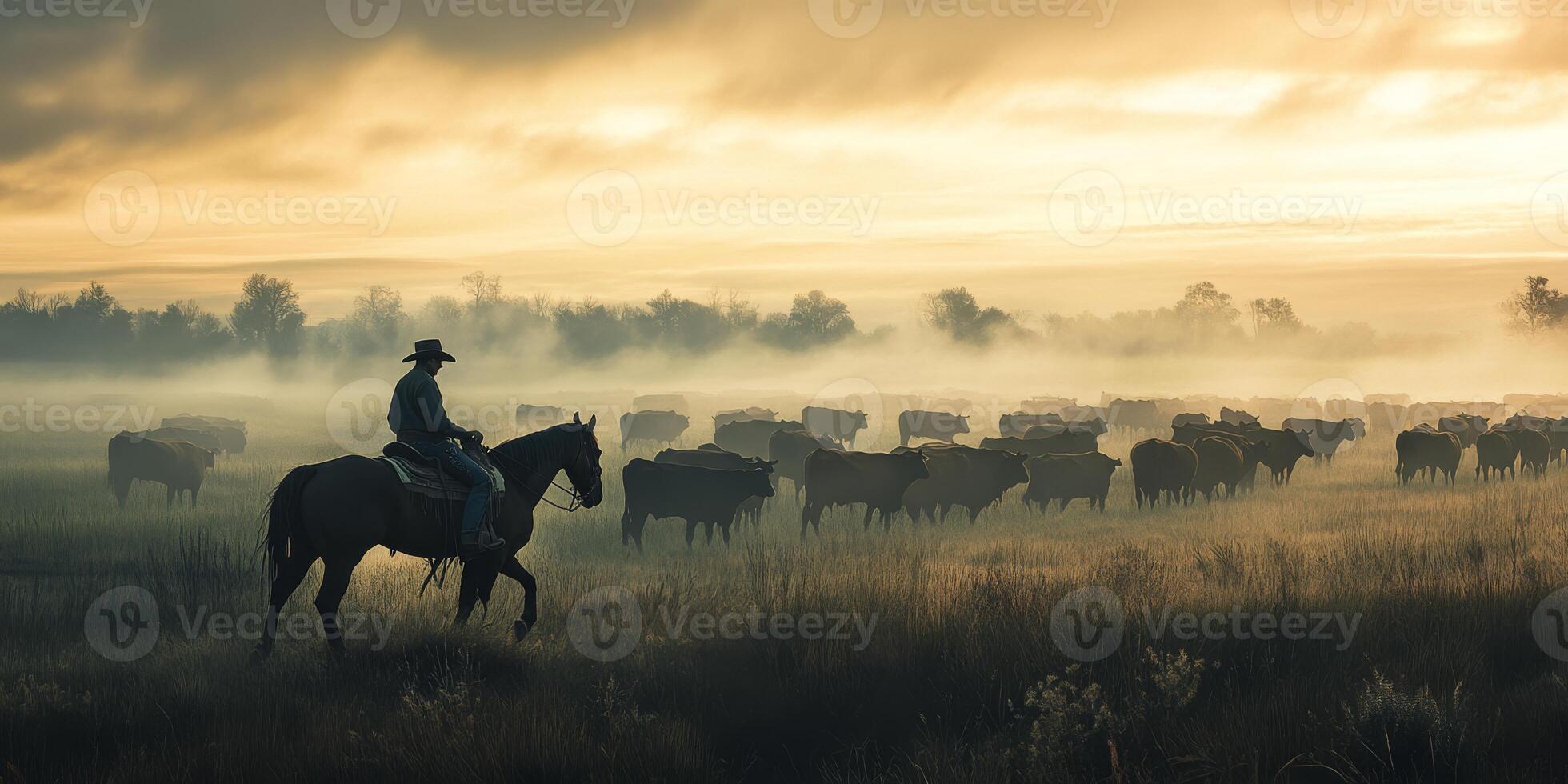 An experienced cowboy rides his trusty horse, skillfully guiding a herd of cattle across a vast pasture at dawn, capturing the essence of ranch life and the stunning beauty of nature photo