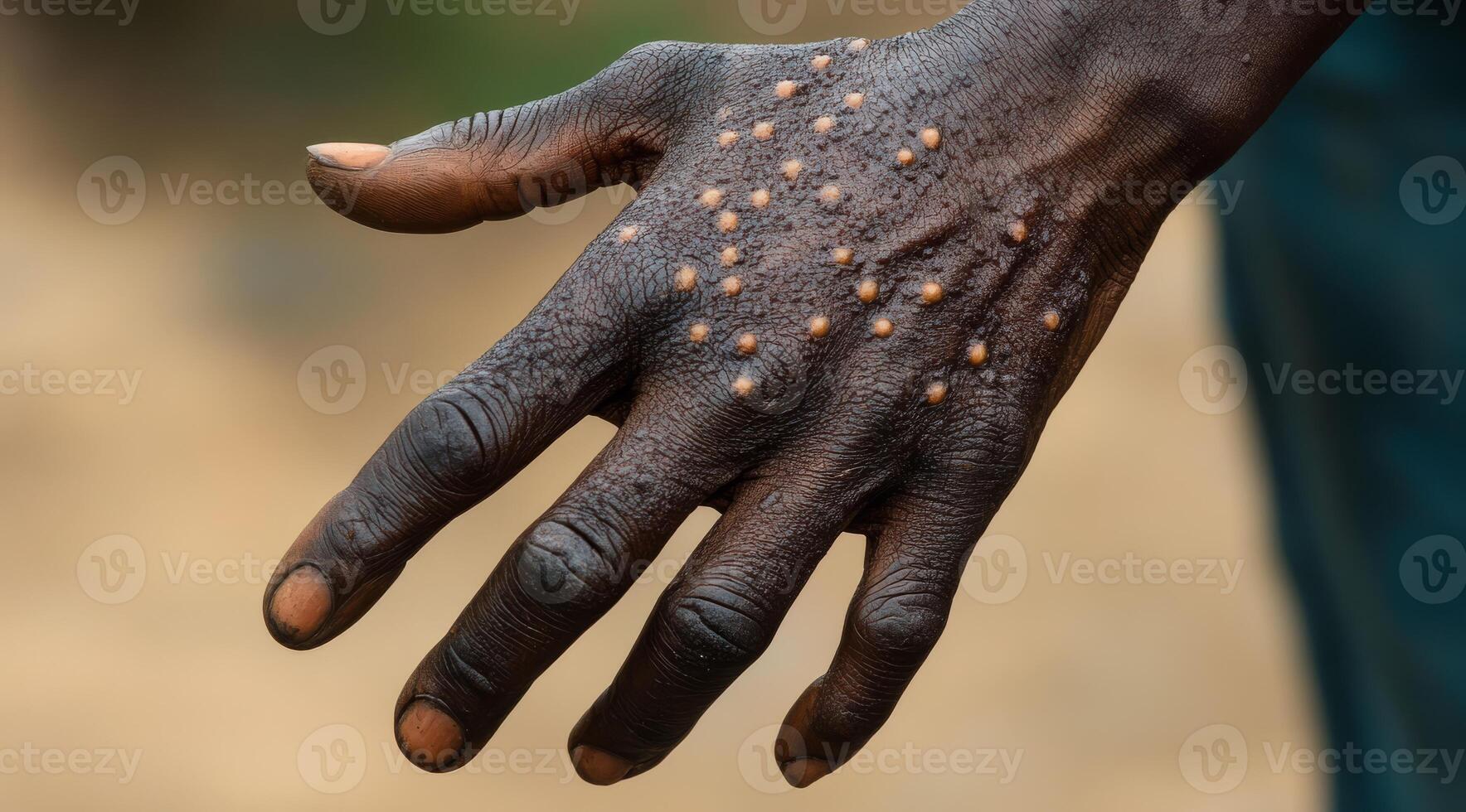 This image provides an upclose view of a human hand showcasing distinct signs of monkeypox virus infection, which is characterized by numerous spots and lesions that are visibly evident on the skin photo
