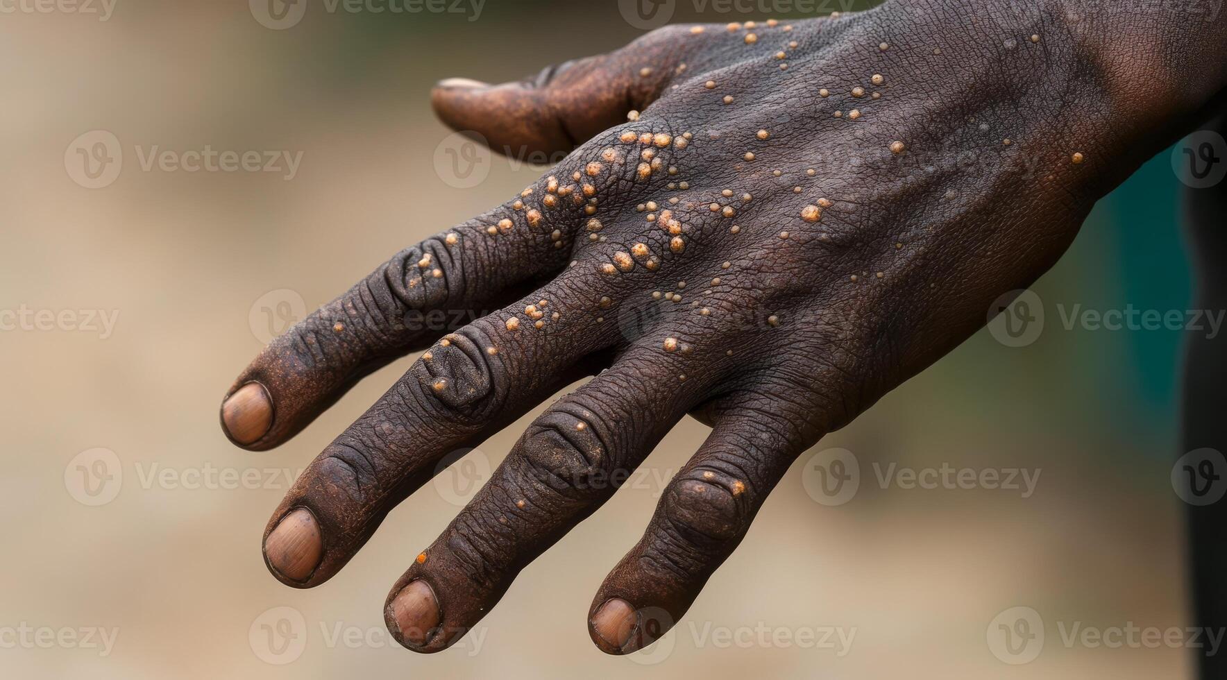 This image clearly depicts a hand that displays alarming signs of a monkeypox virus infection, which is characterized by various lesions and bumps that signify the illness progression photo