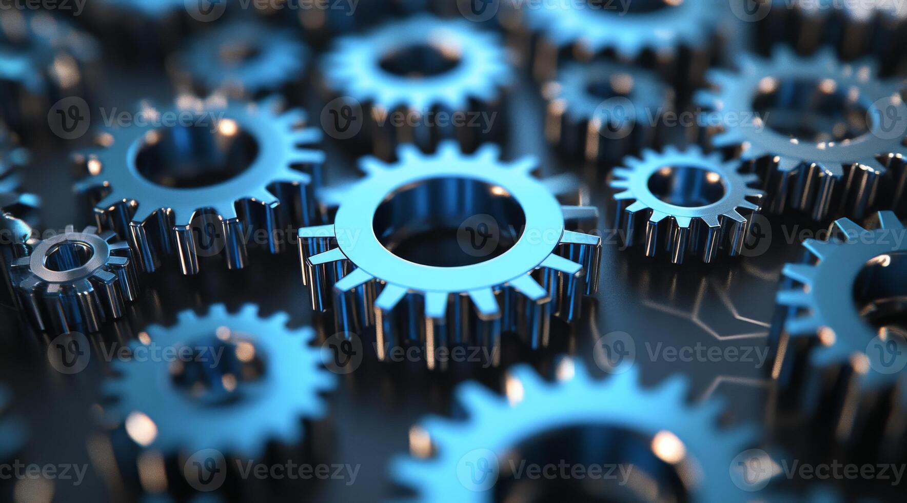 A closeup highlights the intricately crafted blue metal gears interlocked, symbolizing teamwork and the precision of machinery in motion, showcasing their importance in industrial applications photo