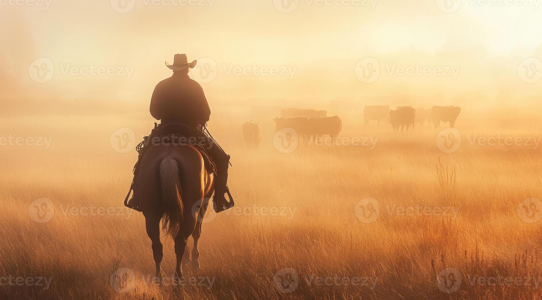 As the sun rises, a skilled cowboy rides his trusty horse, guiding a herd of cattle through a calm, misty field, embodying the peaceful essence of rural life and tradition in this pastoral landscape photo